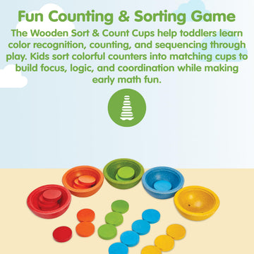 PlanToys Wooden Sort & Count Cups Montessori Math Toy | Color Sorting Counting Game for Toddlers | Preschool Educational Learnin