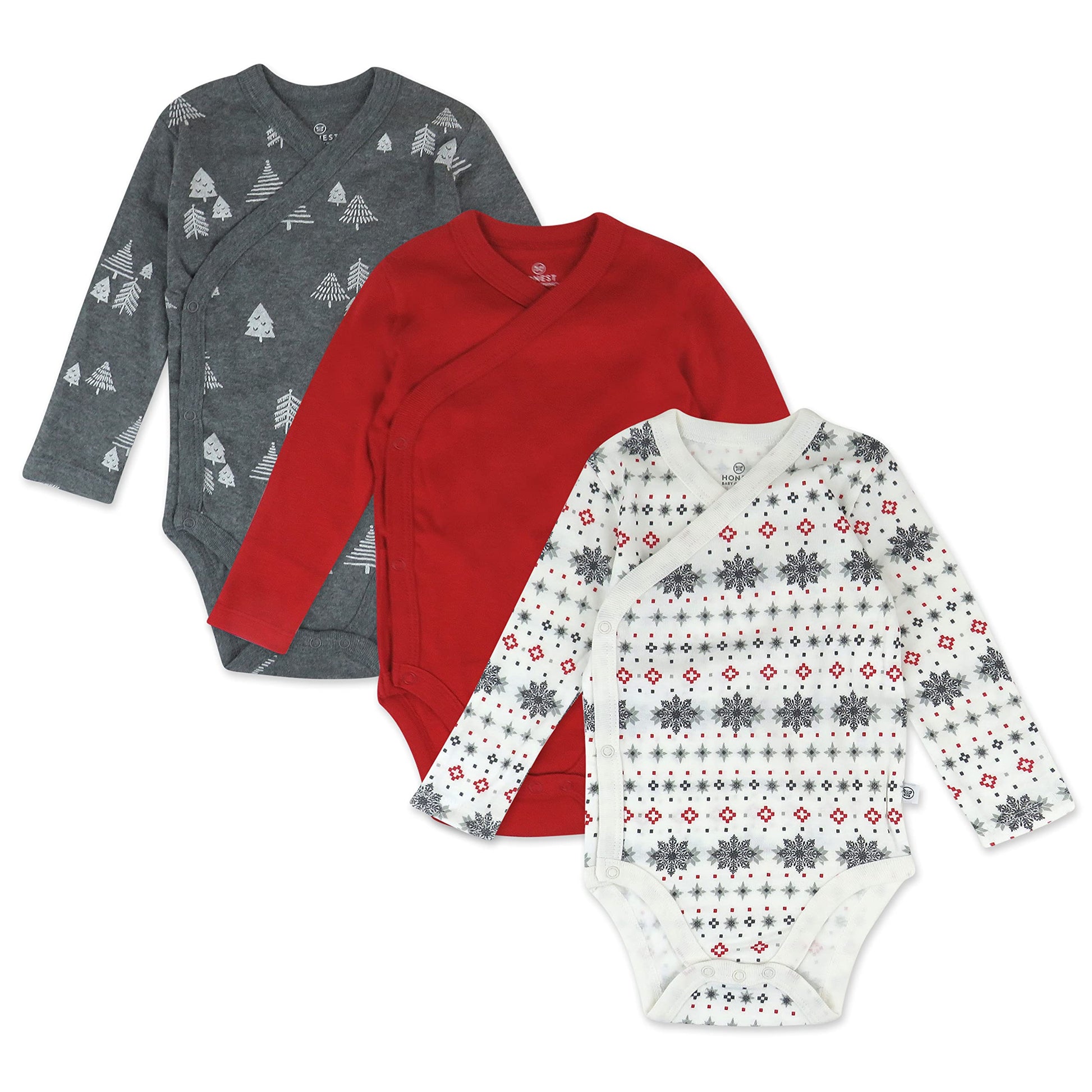 Honestbaby Baby 3-Pack Organic Cotton Long Sleeve Side-Snap Kimono Bodysuits, Fair Isle Ivory, 0-3 Months