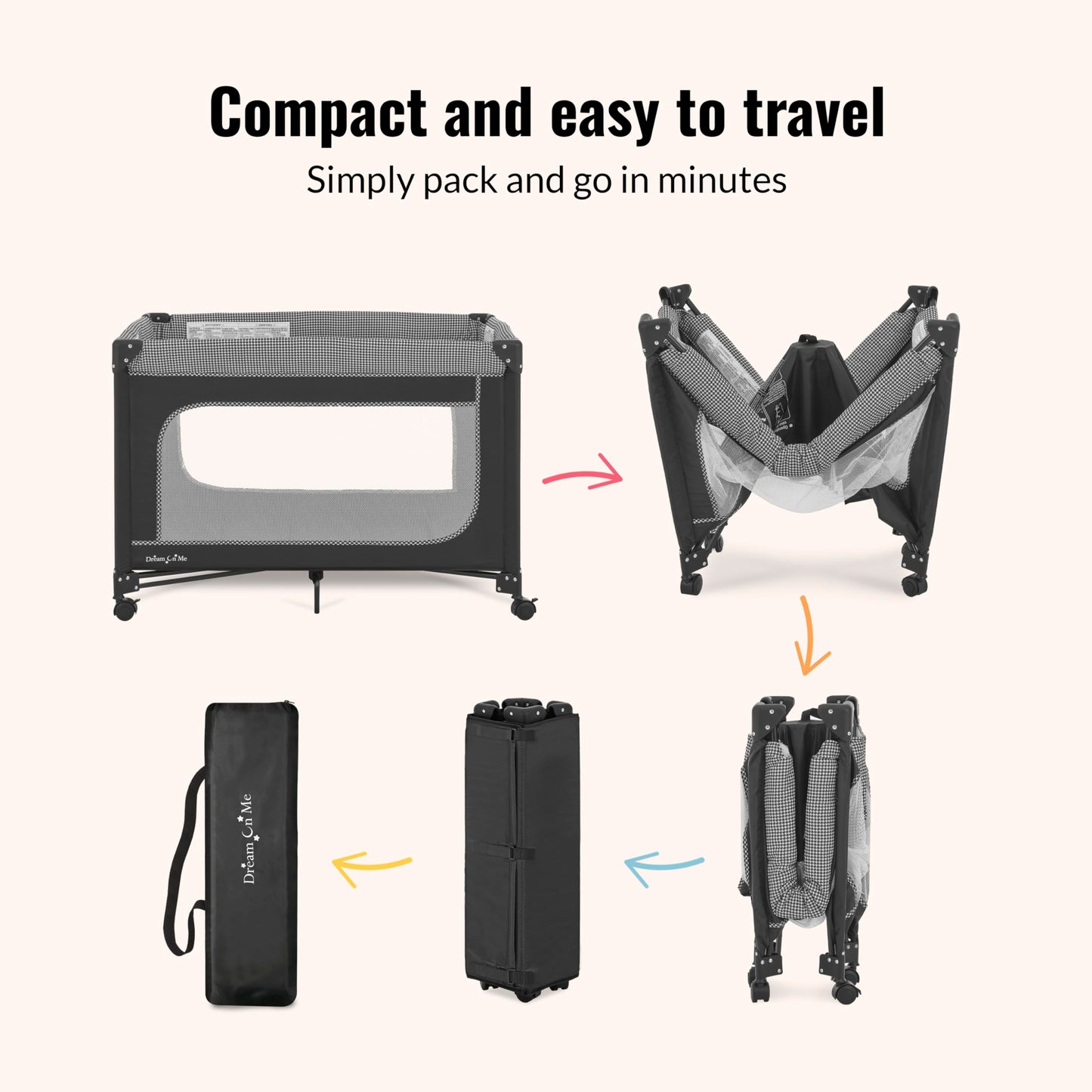 Dream On Me EZGo Portable Playard in Black & White, Compact Easy to Fold and Travel Baby Playard, Breathable Mesh Sides, Carry B