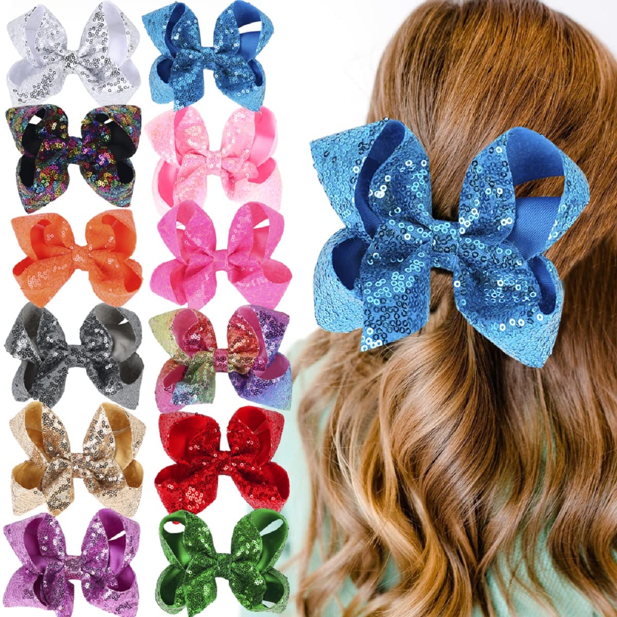 Amydecor 6 Inch Gold Sparkly Glitter Sequin Hair Bows For Girls Toddlers Kids Children Teenage (2Pcs)