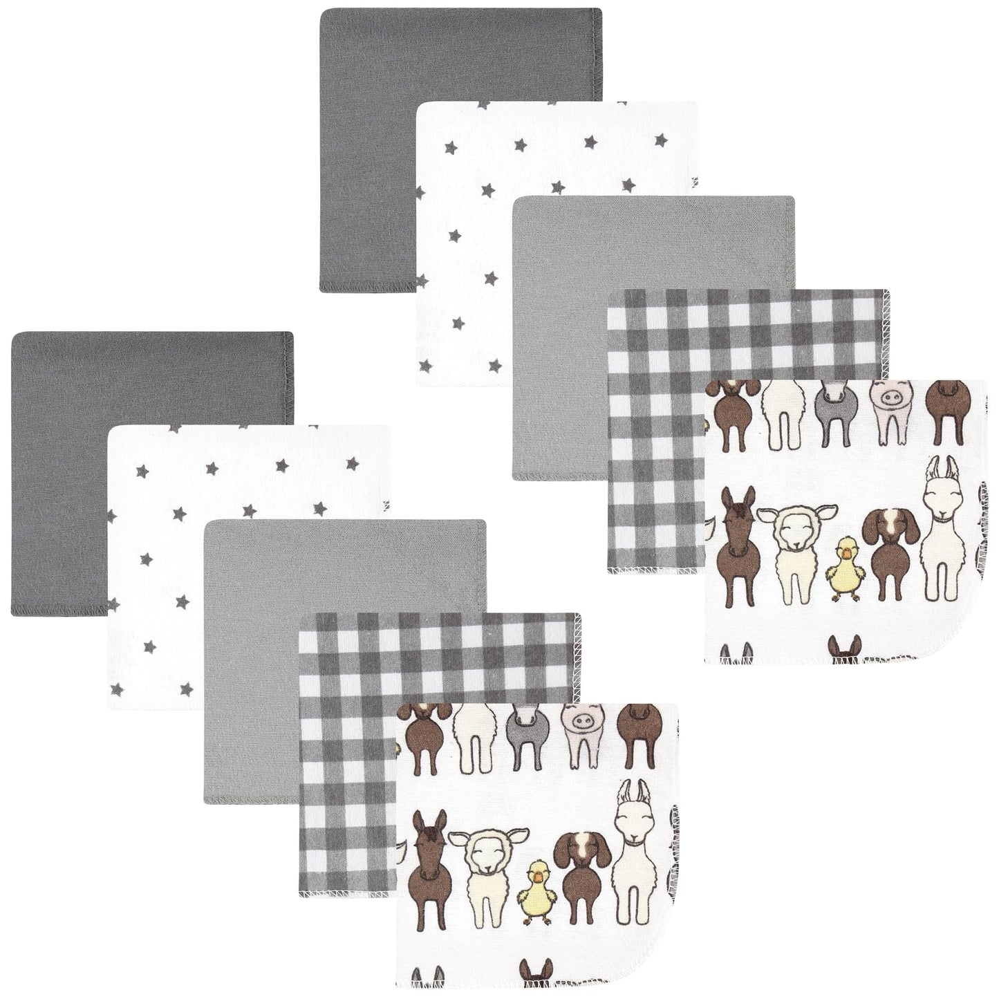 Hudson Baby Unisex Baby Flannel Cotton Washcloths 10-Pack, Farm Friends Grey, One Size