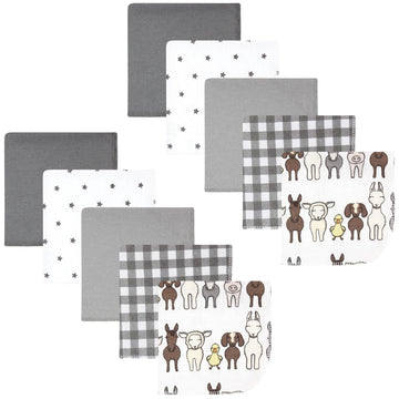 Hudson Baby Unisex Baby Flannel Cotton Washcloths 10-Pack, Farm Friends Grey, One Size