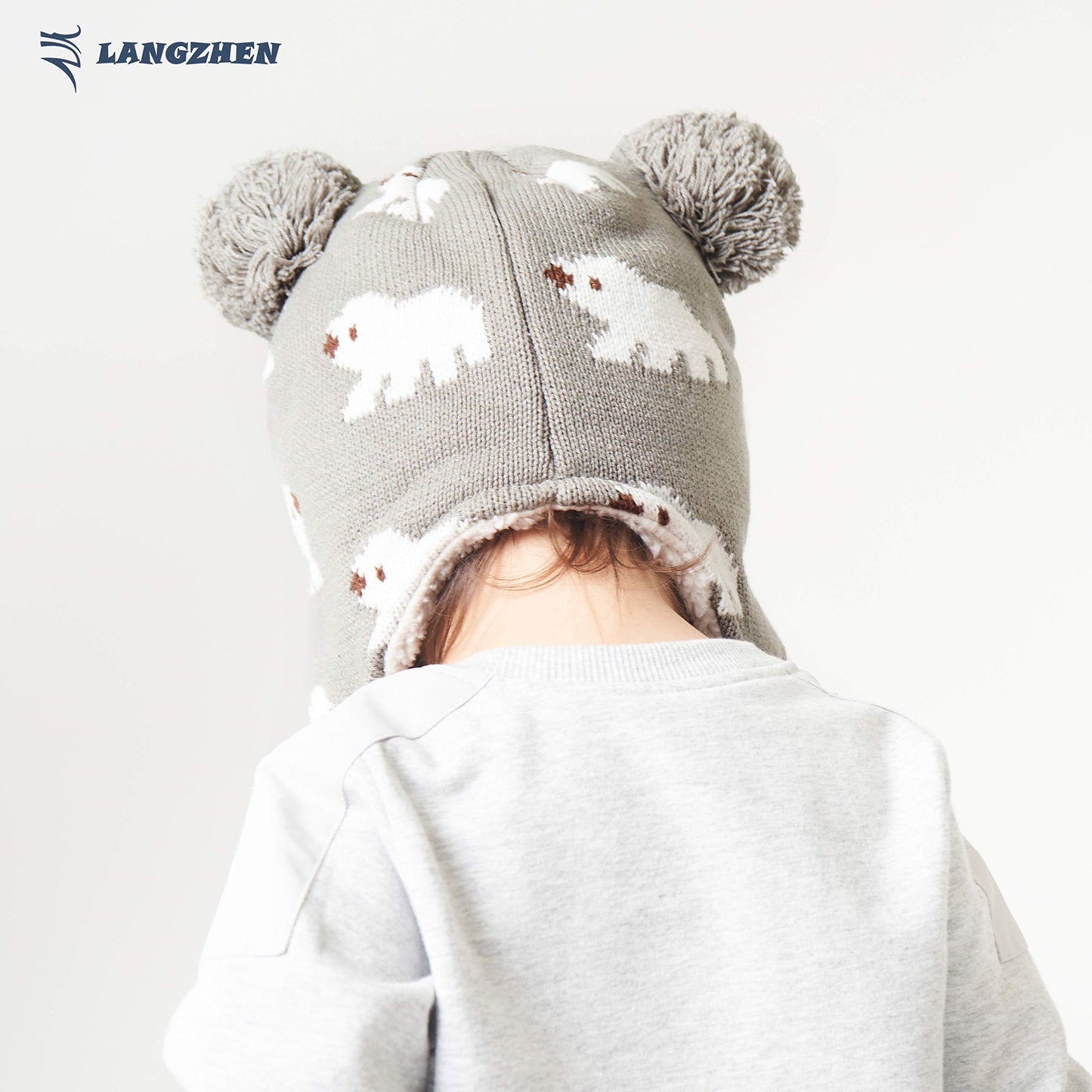 Langzhen Toddler Kids Infant Winter Hat,Earflap Knit Warm Cap Fleece Lined Beanie For Baby Boys Girls (Polar Bear - Grey, S(46-4