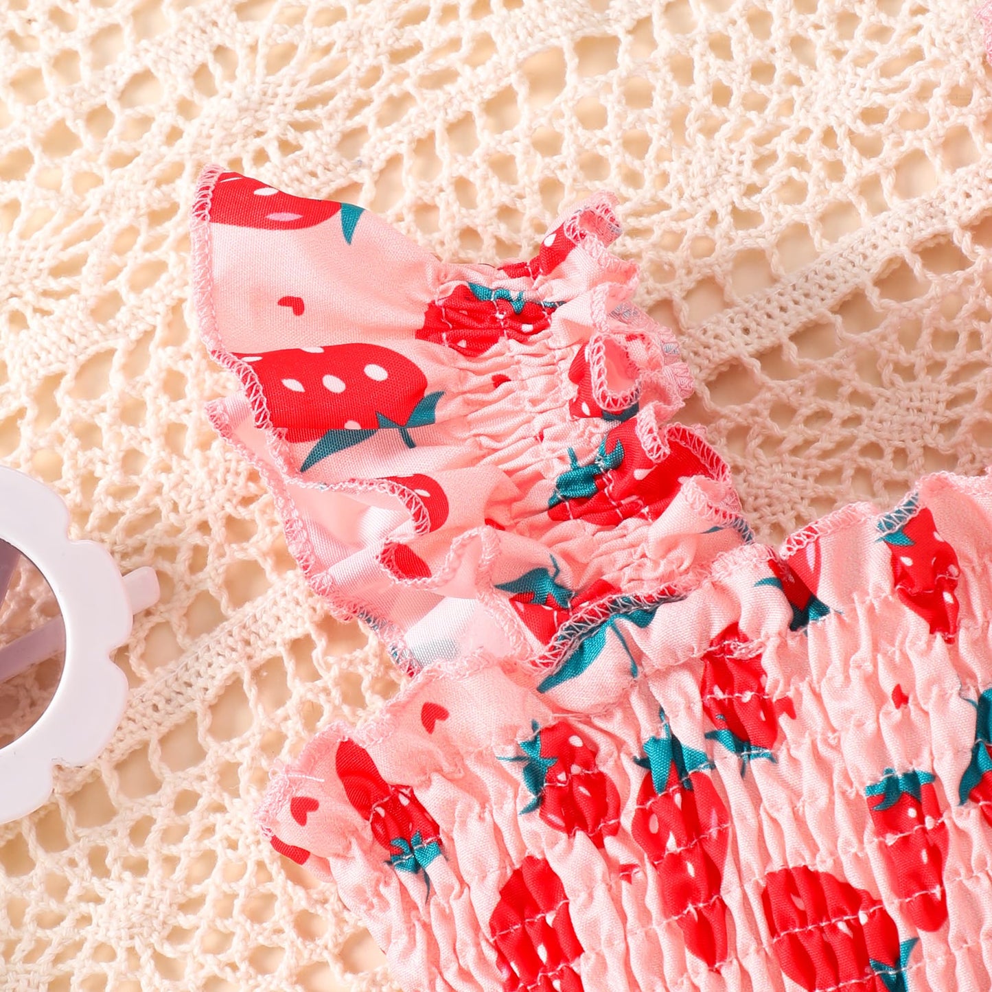 Retsugo Baby Girl Strawberry Dress Ruffle Sleeve Twirly Tiered Smocked Sundress Toddler Kids Pink Shirred Dresses 6-7 Years