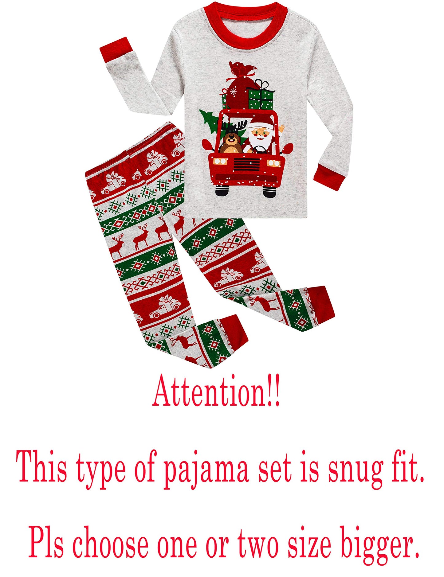 Kikizye Christmas Reindeer Santa Claus Car Gift Baby Boys Long Sleeve Pajamas 100% Cotton Holiday Grey Sleepwears Infant Size 18