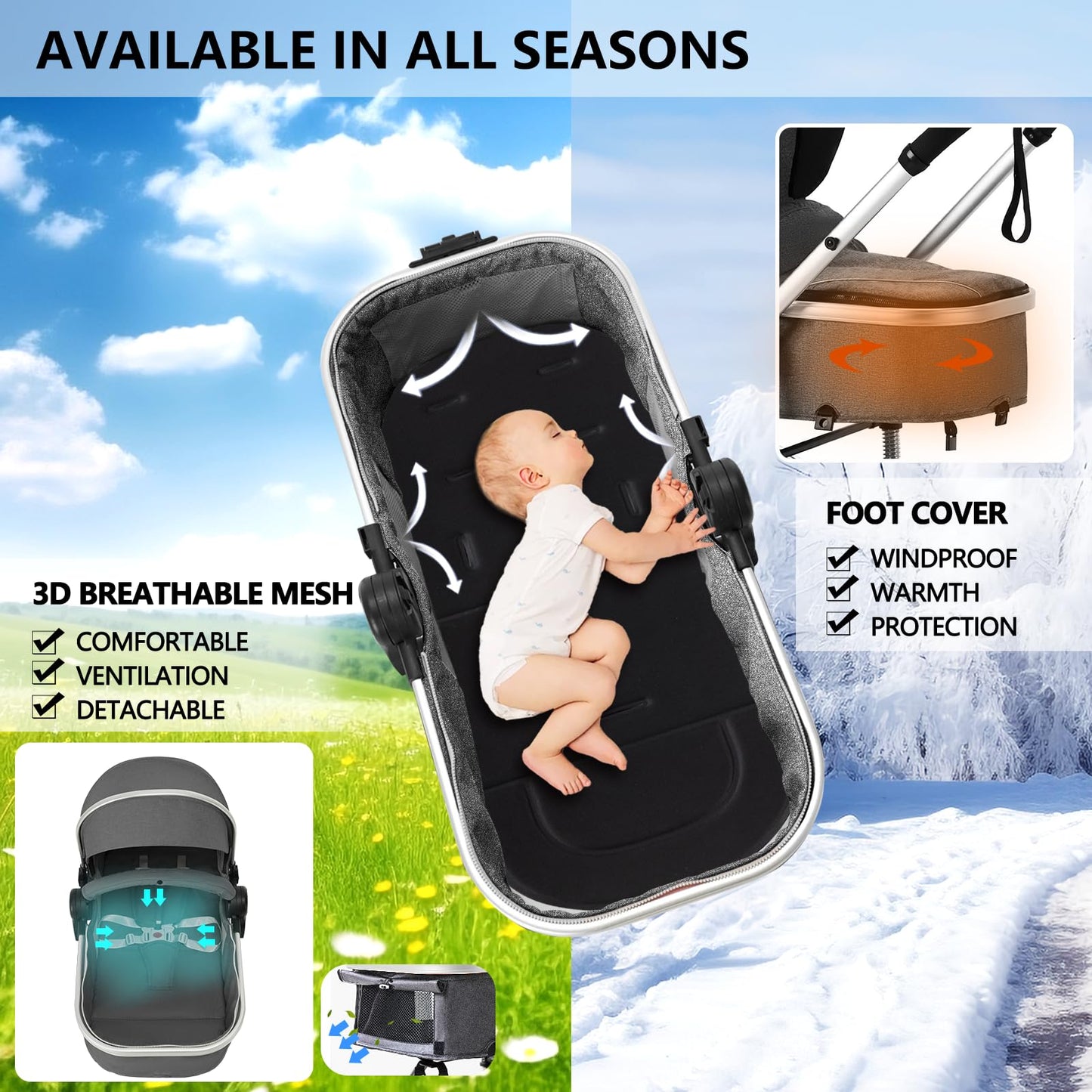 Kinder King 2 in 1 Convertible Baby Stroller, Folding High Landscape Infant Carriage, Newborn Reversible Pram, Diaper Bag, Anti-