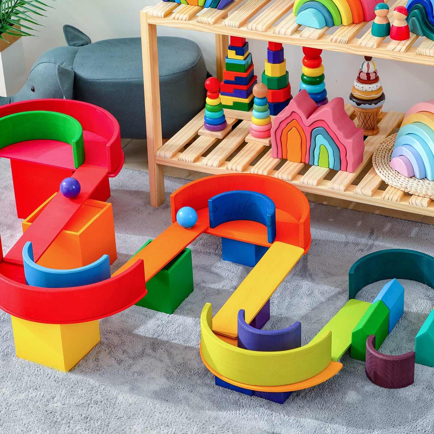 MERRYHEART Wooden Rainbow Stacking Toy, 12 Pcs Wood Building Blocks Set, Waldorf Toys for Toddlers, Matching Educational Learnin