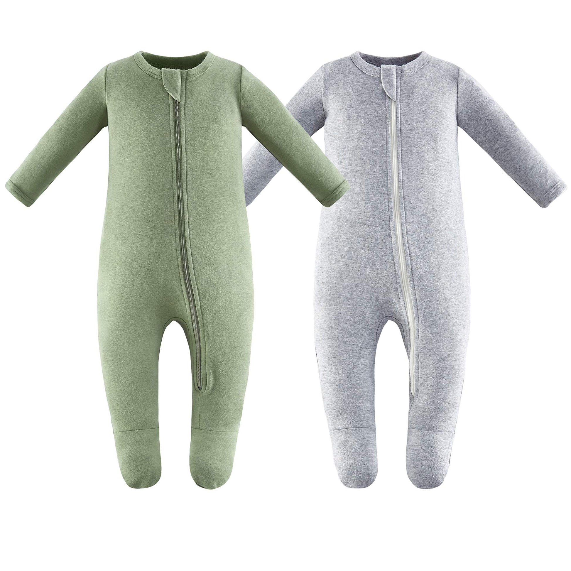 Owlivia Organic Cotton Baby Pajamas, Boys Girls 2-Pack Zip Front Sleep  'N Play, Footed Sleeper, Long Sleeve(6-12 Months, Olive