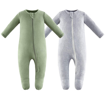 Owlivia Organic Cotton Baby Pajamas, Boys Girls 2-Pack Zip Front Sleep  'N Play, Footed Sleeper, Long Sleeve(Newborn, Olive Gree