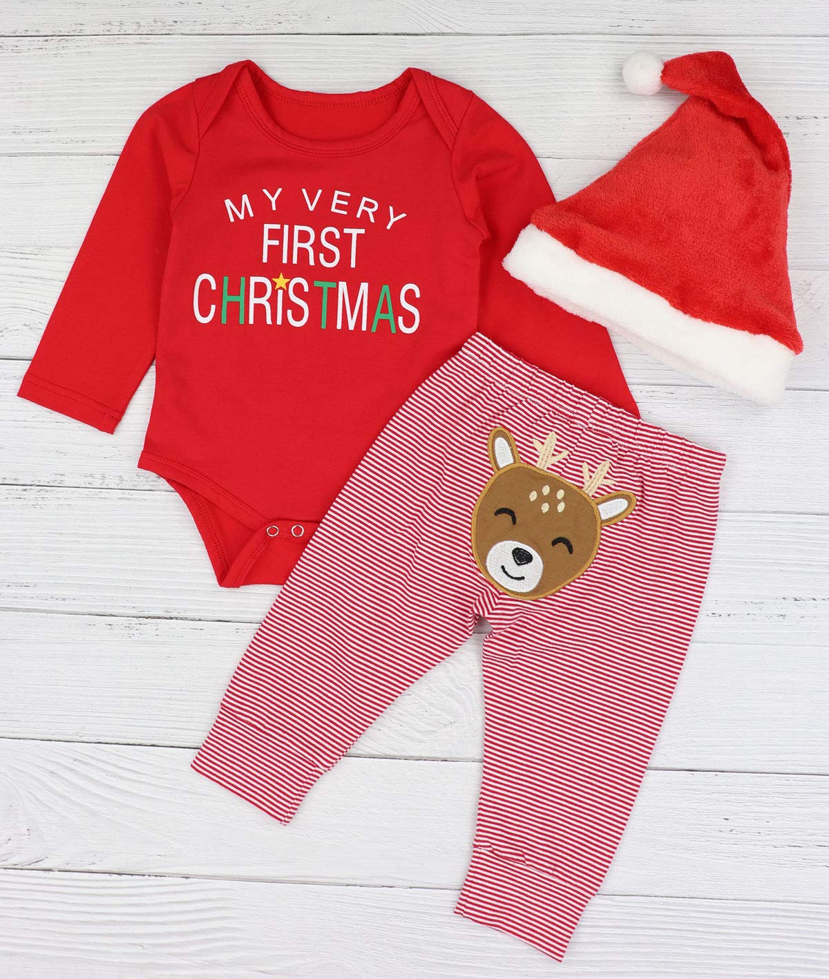 Agapeng Christmas Outfits Baby Girls Boys My First Christmas Rompers Onesie + Stripe Deer Print Pants + Christmas Hat 6-9Months