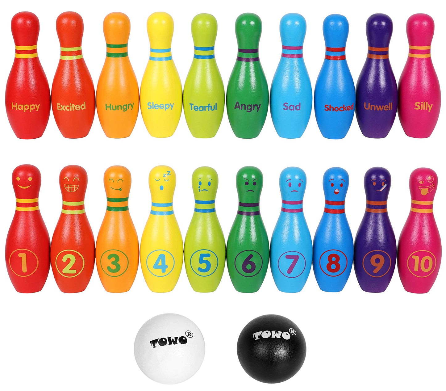 TOWO Wooden Skittles for Children - Wooden Skittle Set with Animal Faces and Numbers - 10 Pin Bowling Set for Kids Garden Toys-