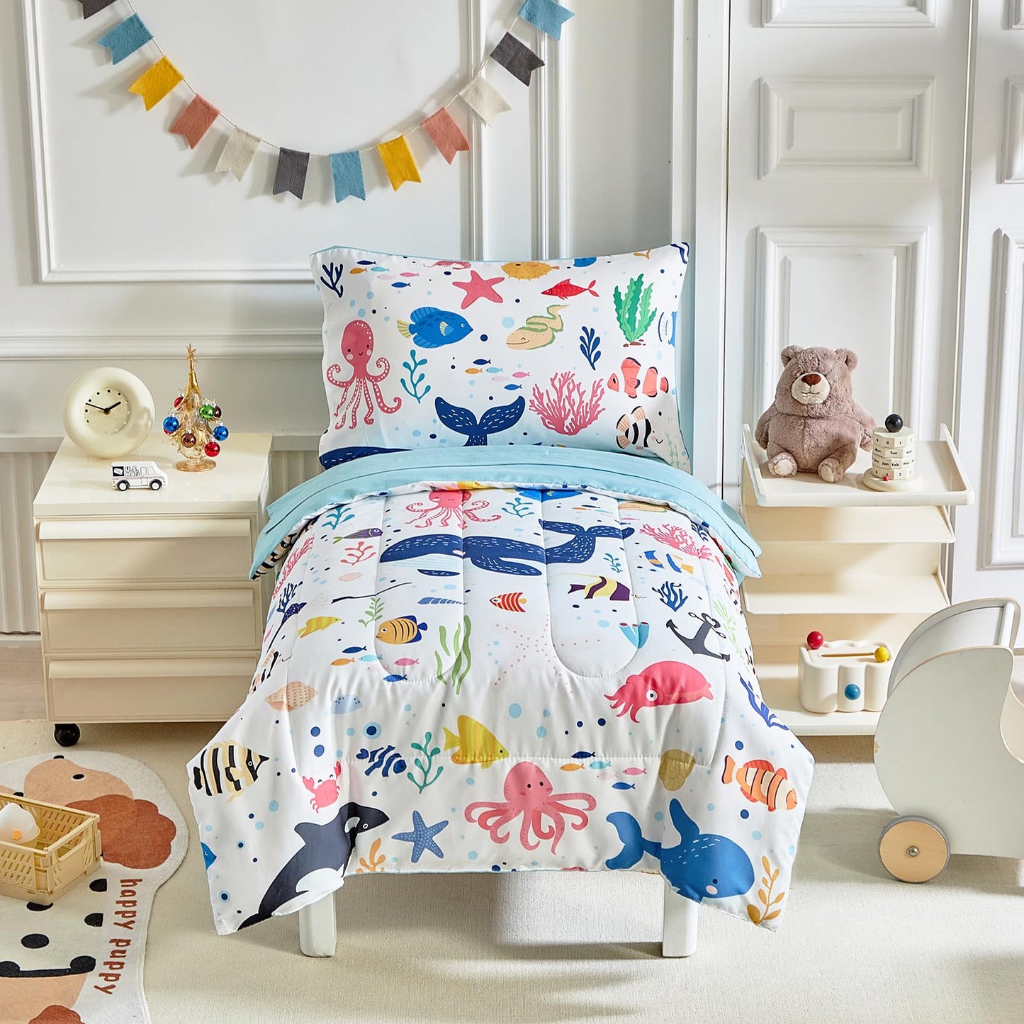 Joyreap 4 Piece Toddler Bedding Set- Ocean Theme White Design, Microfiber Toddler Bedding Comforter Set For Kids Boys Girls