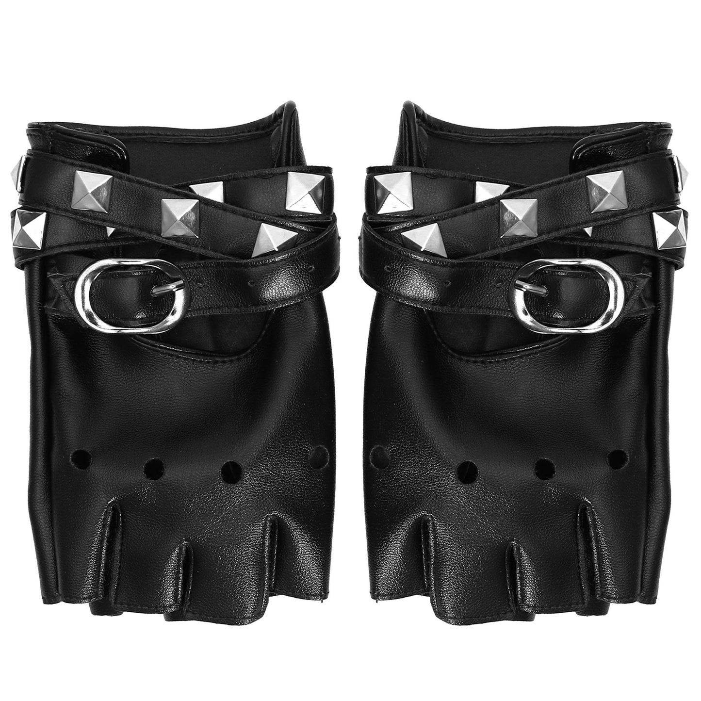 Skeleteen Fingerless Faux Leather Gloves - Black Biker Punk Gloves With Belt Up Closure And Rivet Design For Women And Kids
