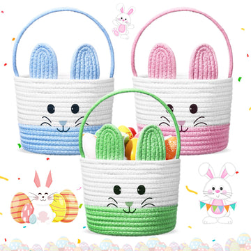 Beeveer 3 Pcs Easter Bunny Basket Bags Egg Hunt Basket Woven Cotton Easter Eggs Bucket Candy Egg Basket Egg Gift Bags Easter Tot