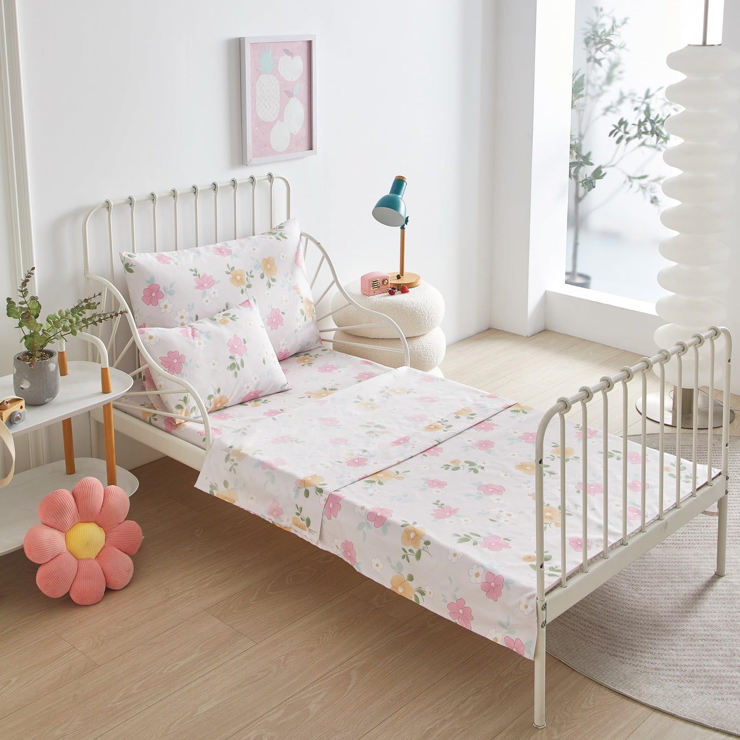 5 Peices Toddler Bedding Set For Girls Pink Floral Toddler Comforter Sheet Set In A Bag Pink Flower Kids Crib Bedding Set For Gi