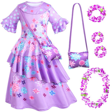 Kaisebile Princess Costume Dress For Girls Birthday Halloween Party Dress Up With Bag,Leis Necklace Headband 6-7 Years
