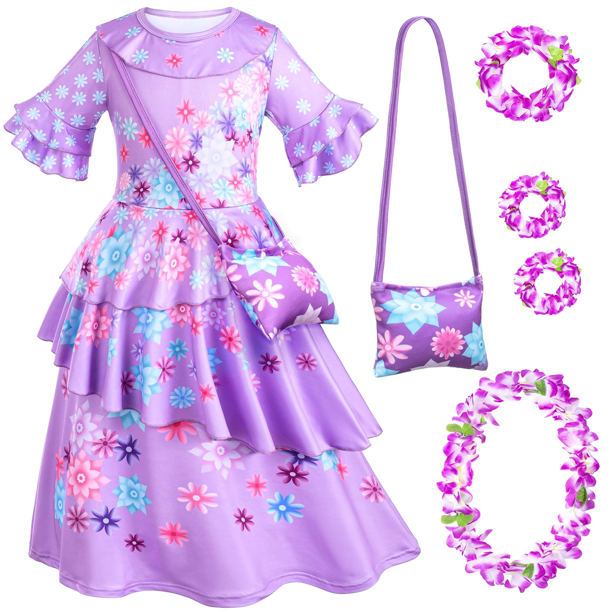 Kaisebile Princess Costume for Girls Birthday Halloween Party Dress Up with Bag,Leis Necklace Headband 3T 4T