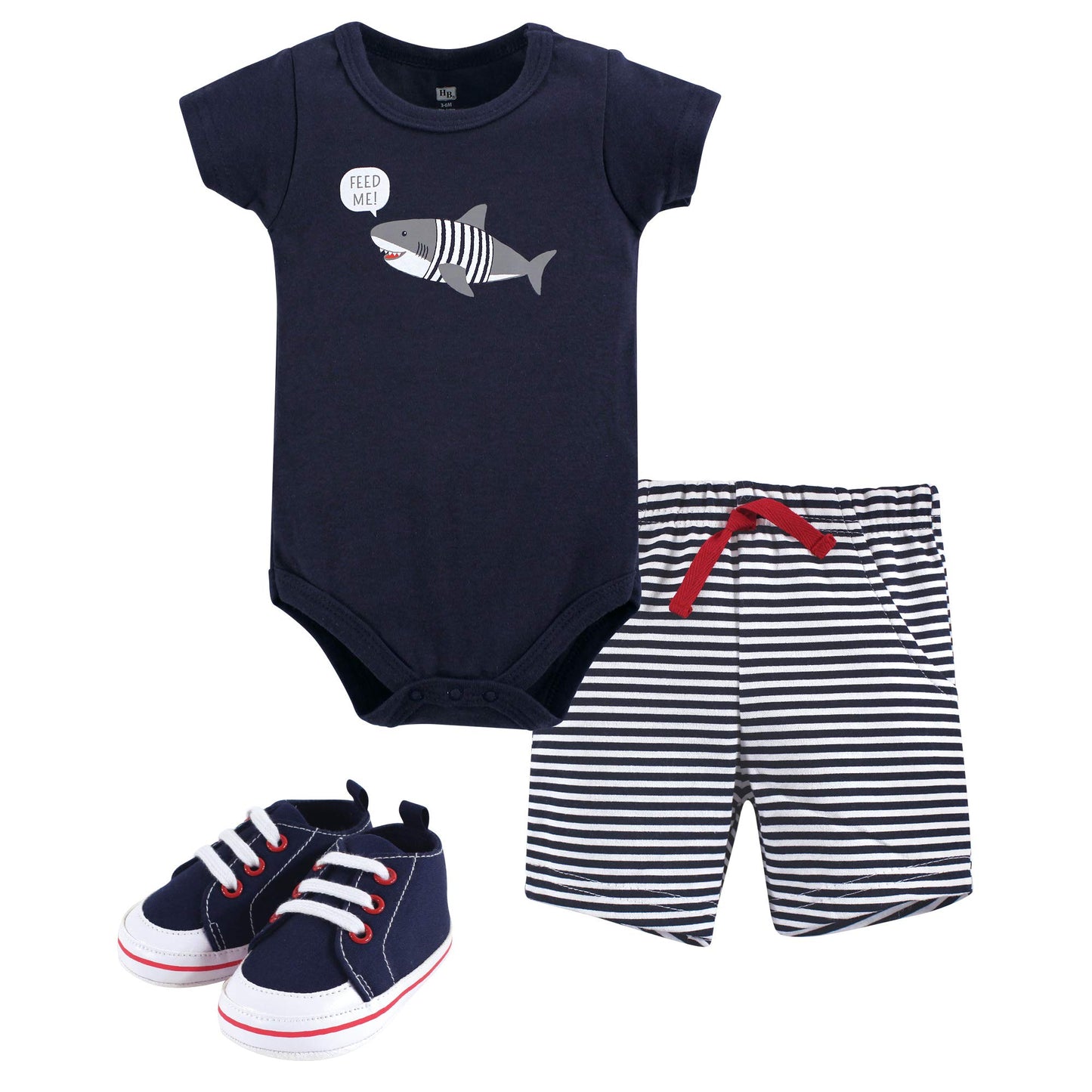 Hudson Baby Unisex Baby Cotton Bodysuit, Shorts And Shoe Set, Blue Shark, 6-9 Months