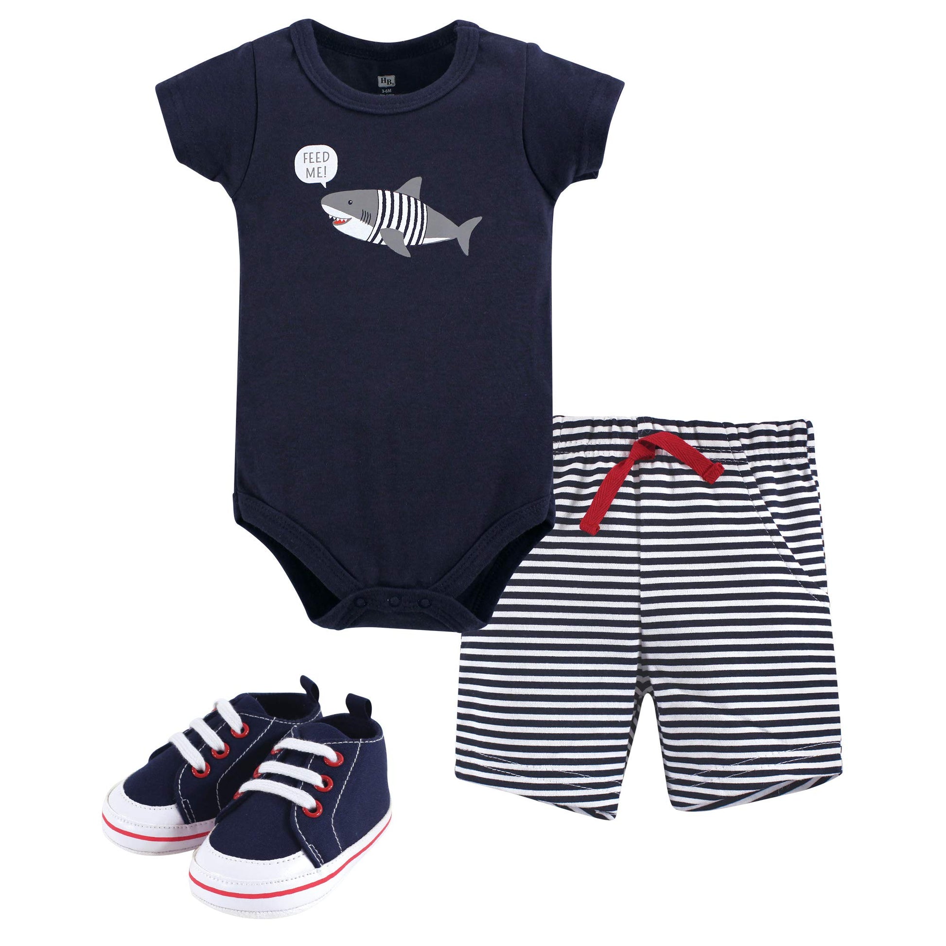 Hudson Baby Unisex Baby Cotton Bodysuit, Shorts And Shoe Set, Blue Shark, 6-9 Months
