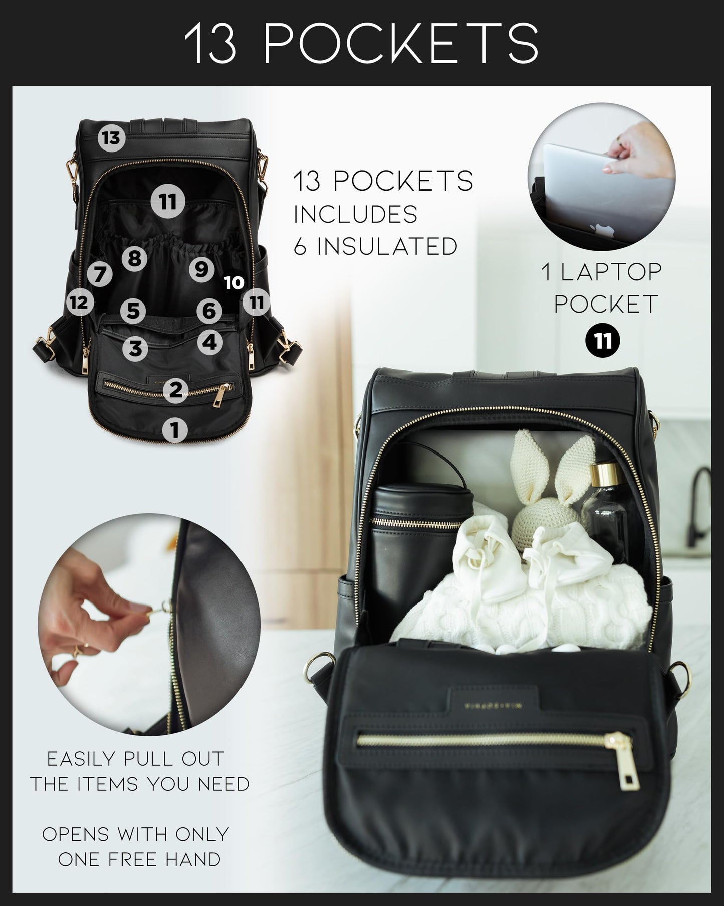 Mia + Sophia Leather Diaper Bag Backpack With Usb Charging Port, Changing Pad, Stroller Straps, And Bottle Holder (Black Mia)