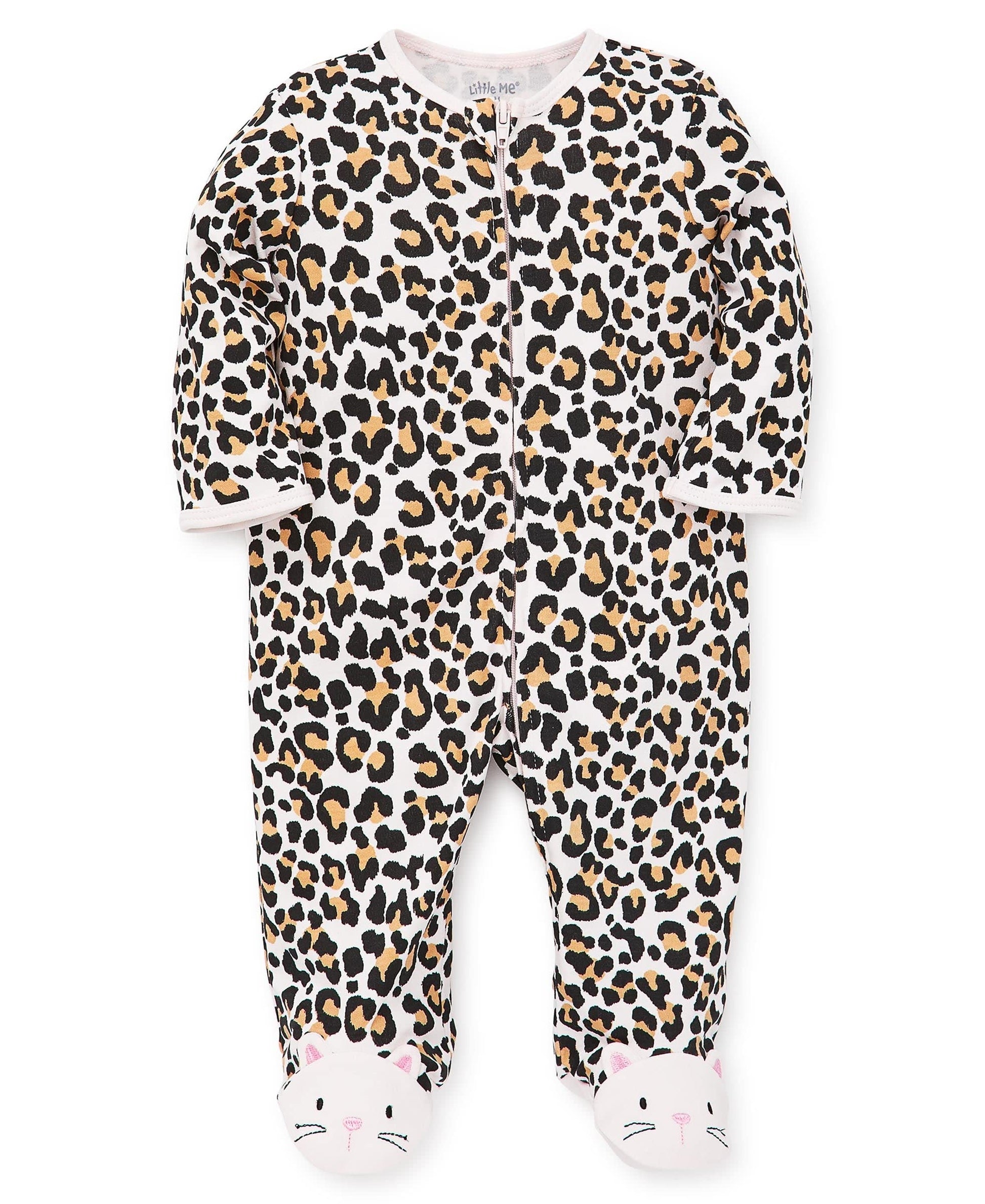 Little Me 2-Piece Baby Girls Leopard Print Kitty Feet Footie and Cap Set, Newborn