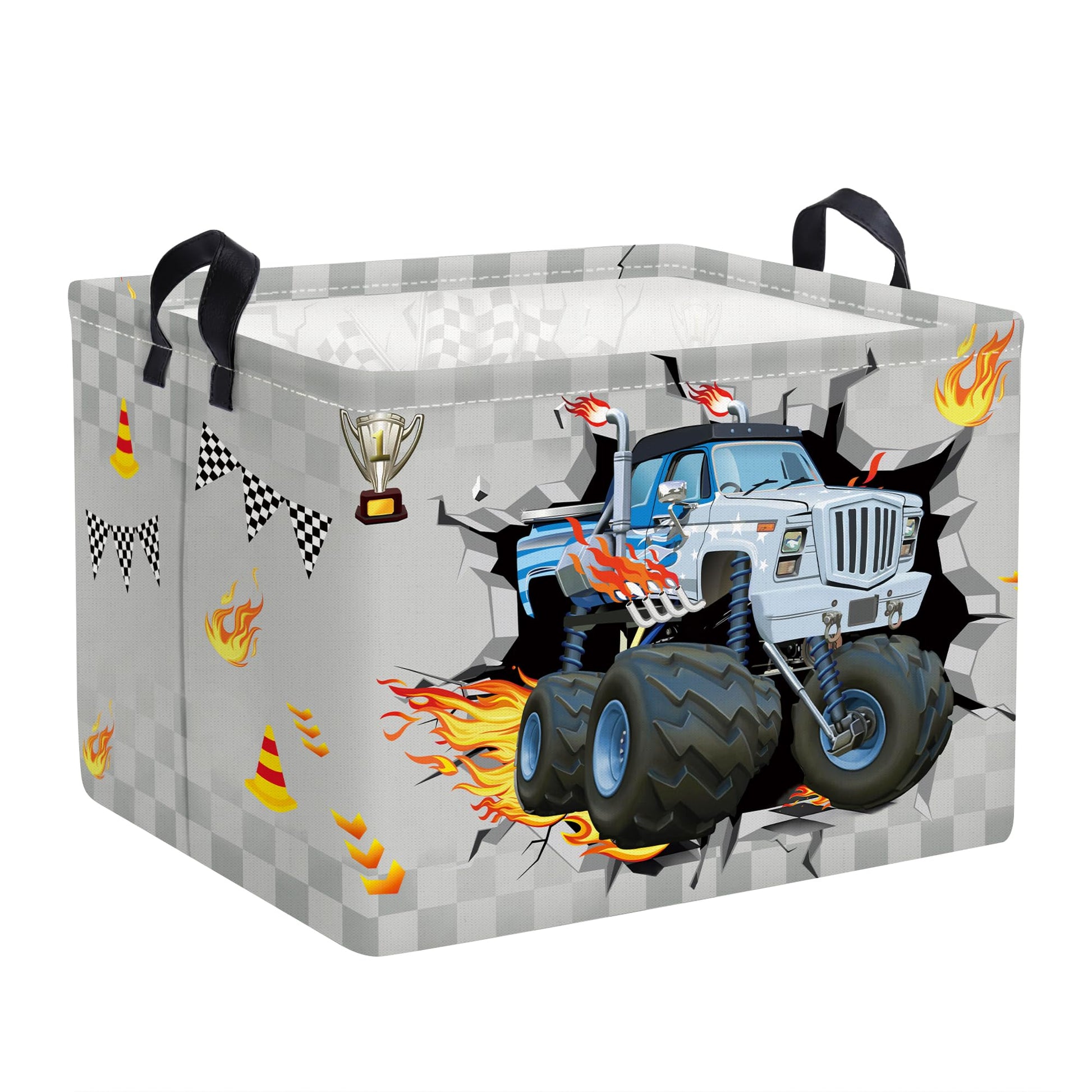 Clastyle Sport 3D Racing Car Boy Room Basket Racing Flag Monster Truck Toy Book Shelf Basket Large Rectangle Collapsible Dirty C