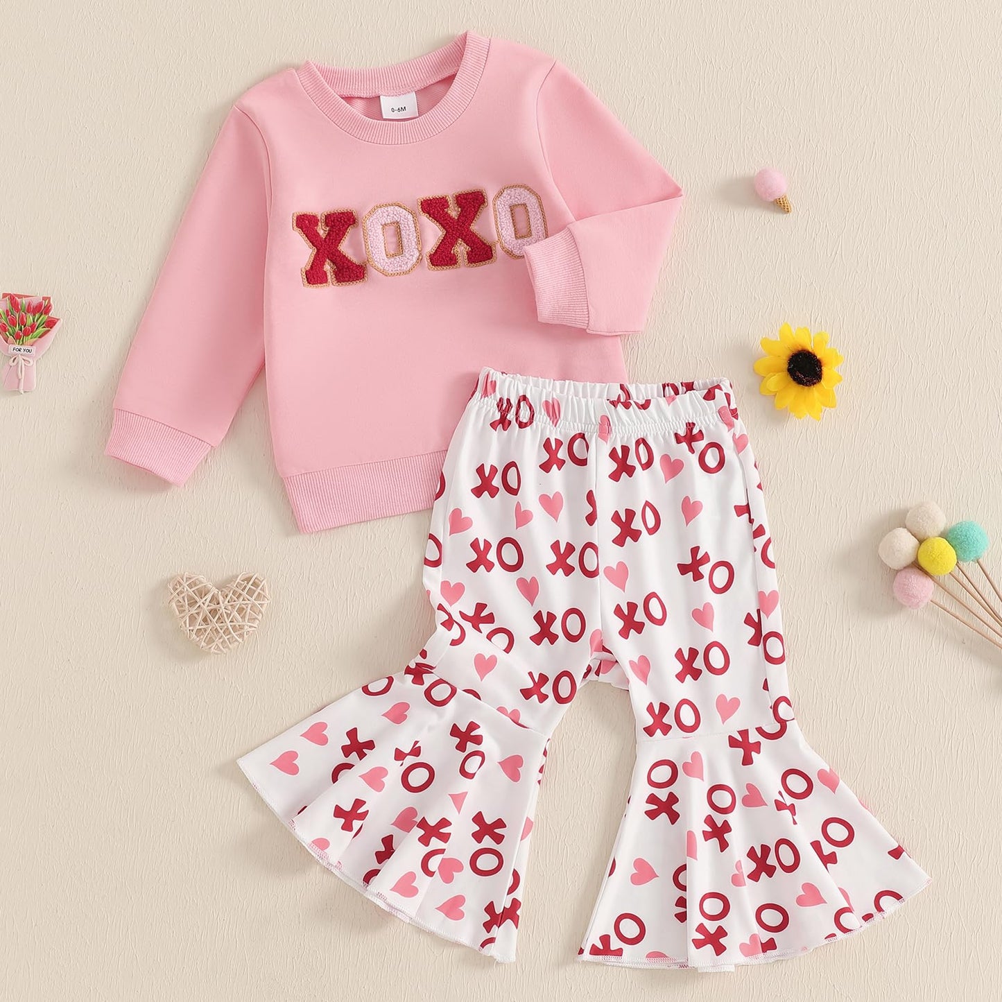 Nokpsedcb Baby Boy Girl Cute Letter Embroidery Long Sleeve Sweatshirt And Elastic Long Pants Toddler Valentine Outfits (Pink Xox