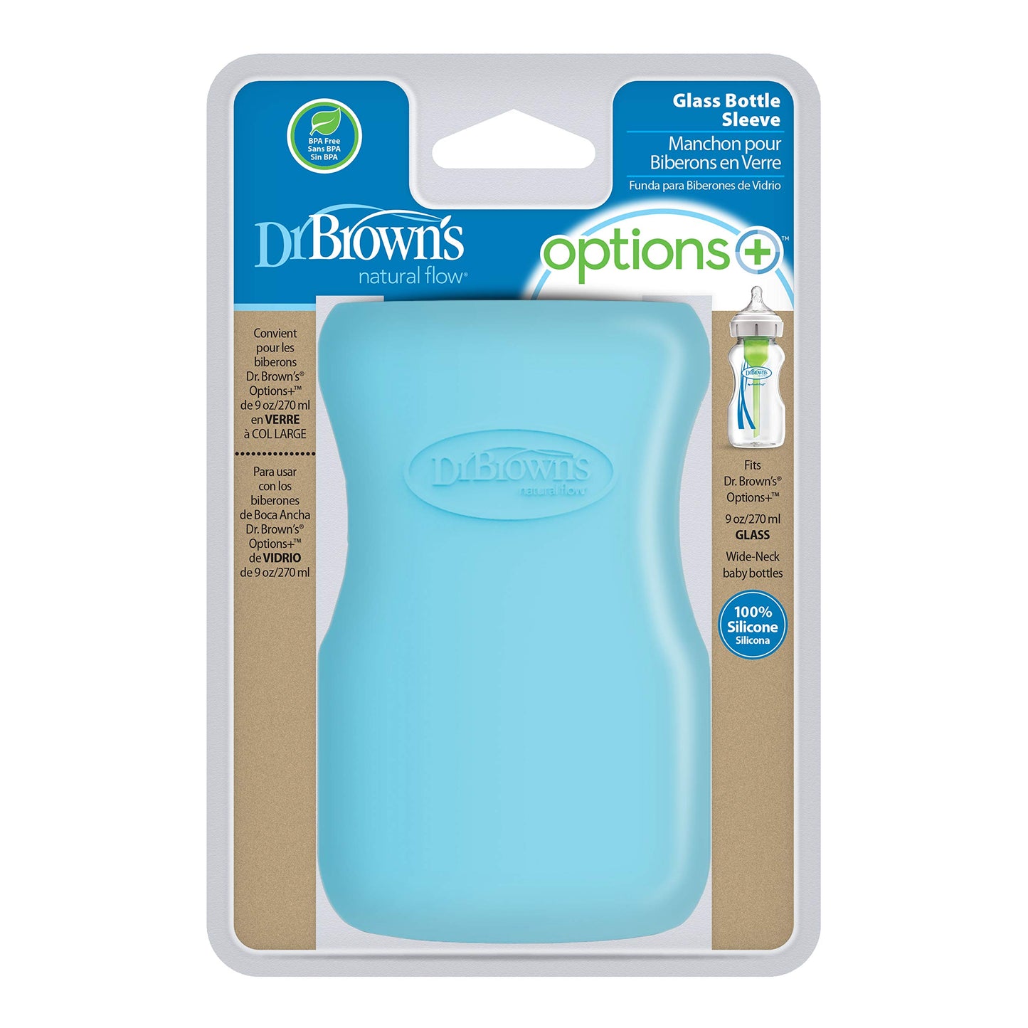 Dr. Brown'S Natural Flow Options+ Glass Baby Bottle Sleeves,100% Silicone,9 Oz,Wide-Neck,Blue