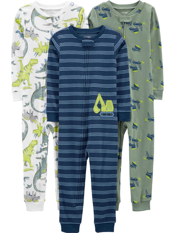 Simple Joys By Carter'S Baby Boys' 3-Pack Snug Fit Footless Cotton Pajamas, Blue Stripe/Green Trucks/White Dinosaur, 4T