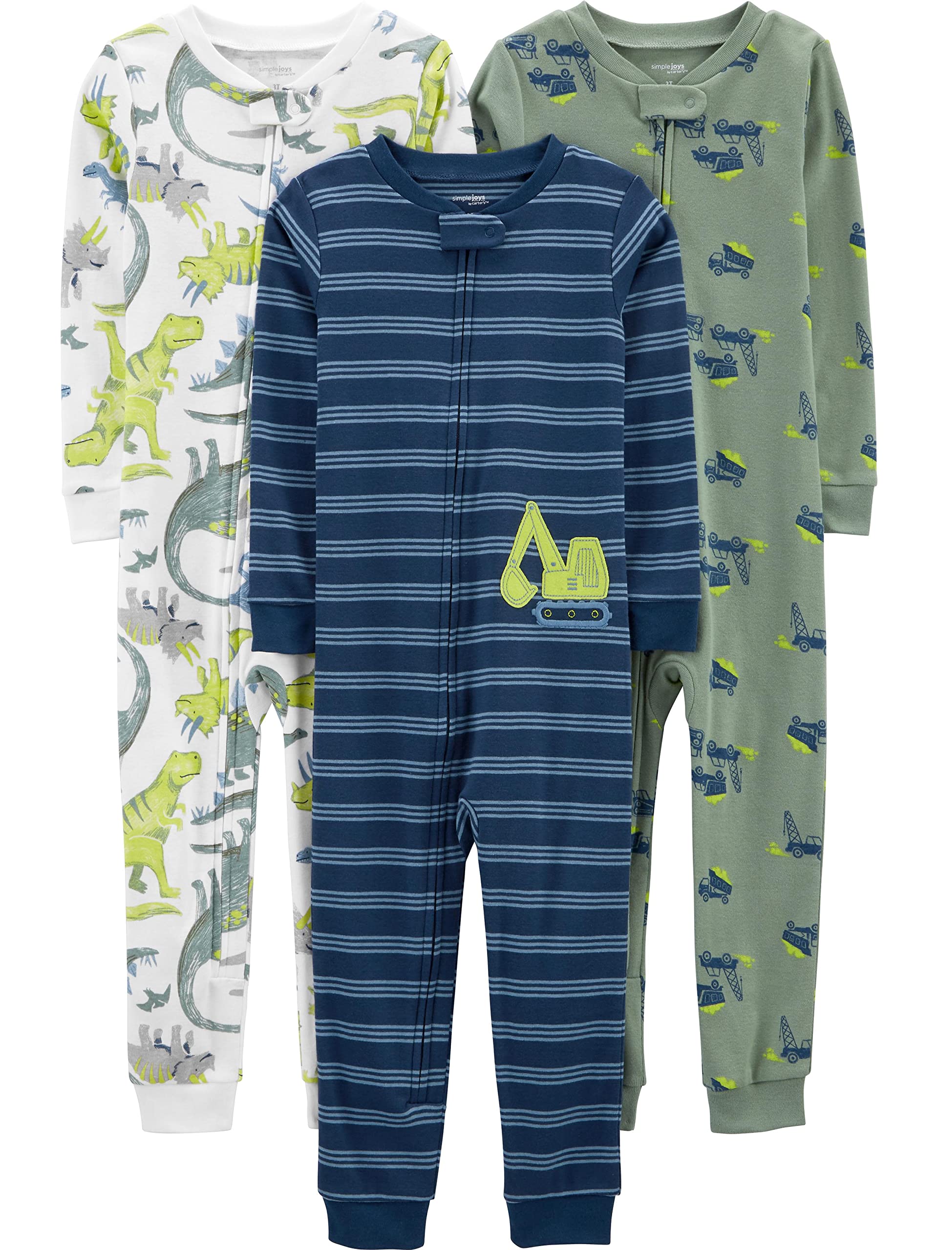 Simple Joys By Carter'S Baby Boys' 3-Pack Snug Fit Footless Cotton Pajamas, Blue Stripe/Green Trucks/White Dinosaur, 2T