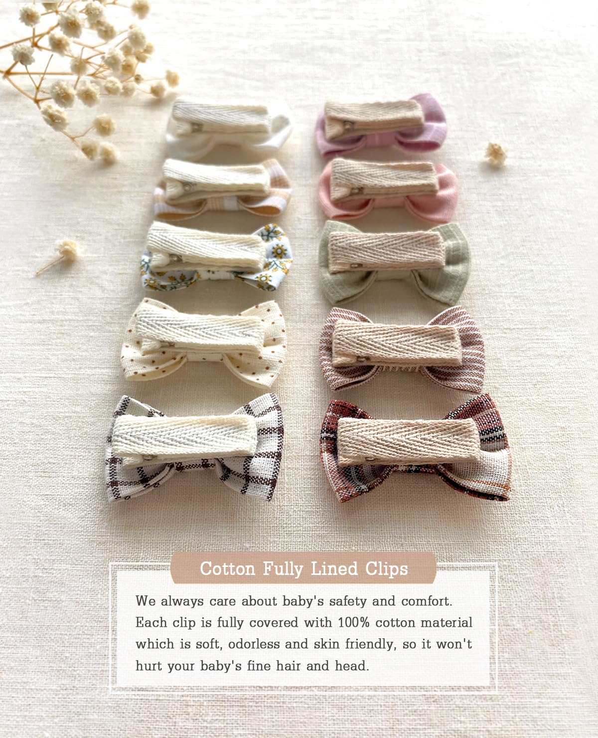 Baby Girls Hair Bow Clips, 20Pcs Boutique Cotton Fully Lined Hair Pins, Non Slip Baby Barrettes Accessories For Infants Toddlers