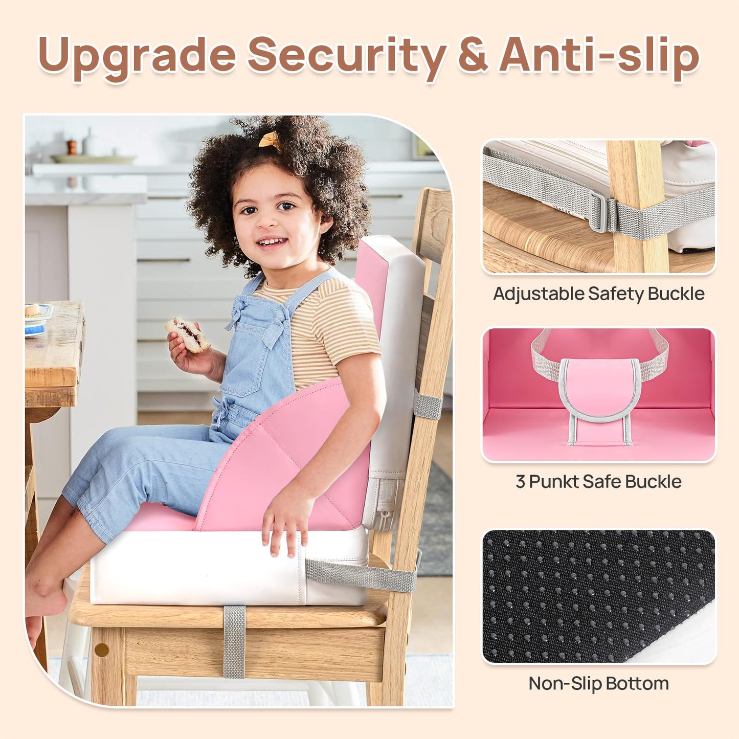 Toddler Booster Seat For Dining Table, Portable Kids Seat With Safety Buckles, High Cushion For Travel With Non-Slip Bottom, One