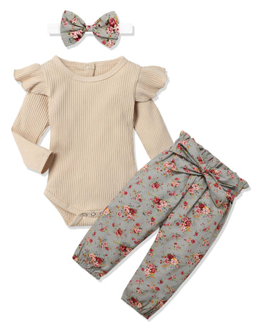 Kangkang Newborn Baby Girl Clothes Baby Girl Outfits Ribbed Ruffle Sleeve Romper + Floral Pants + Cute Headband Baby Clothes For