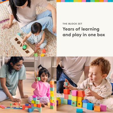 LOVEVERY | The Block Set | Solid Wood Building Blocks and Shapes + Wooden Storage Box, 70 Pieces, 18 Colors, 20+ Activities, Tod