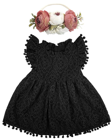 Bgfks Baby Girl Tutu Dress Elegant Lace Pom Pom Flutter Sleeve With Flower Headband Set(Black,6 Months)