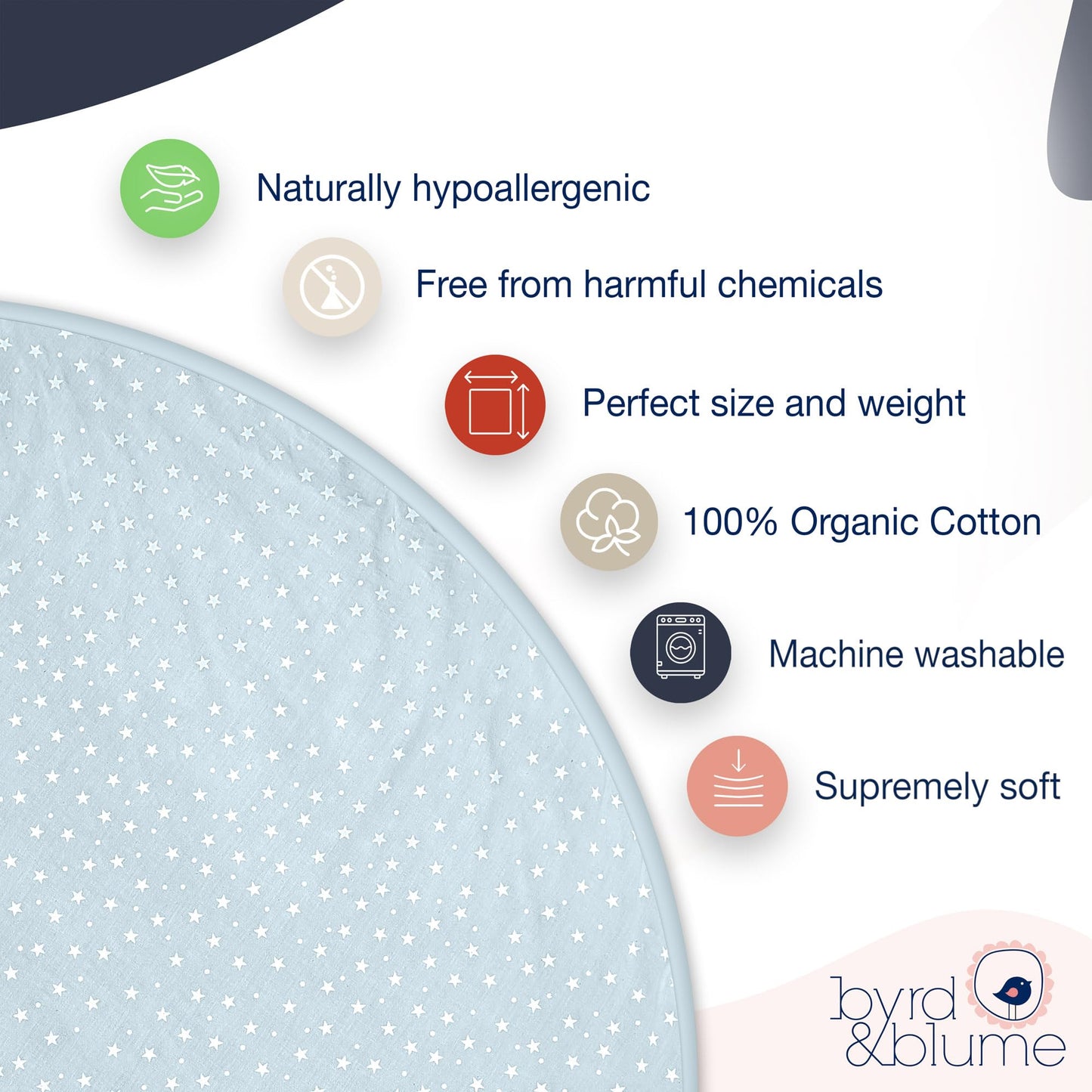 Byrd & Blume Round Baby Play Mat, Organic Cotton Soft Padded Nursery Floor Mat, Safe Hypoallergenic Baby Mat, Reversible, Foldab