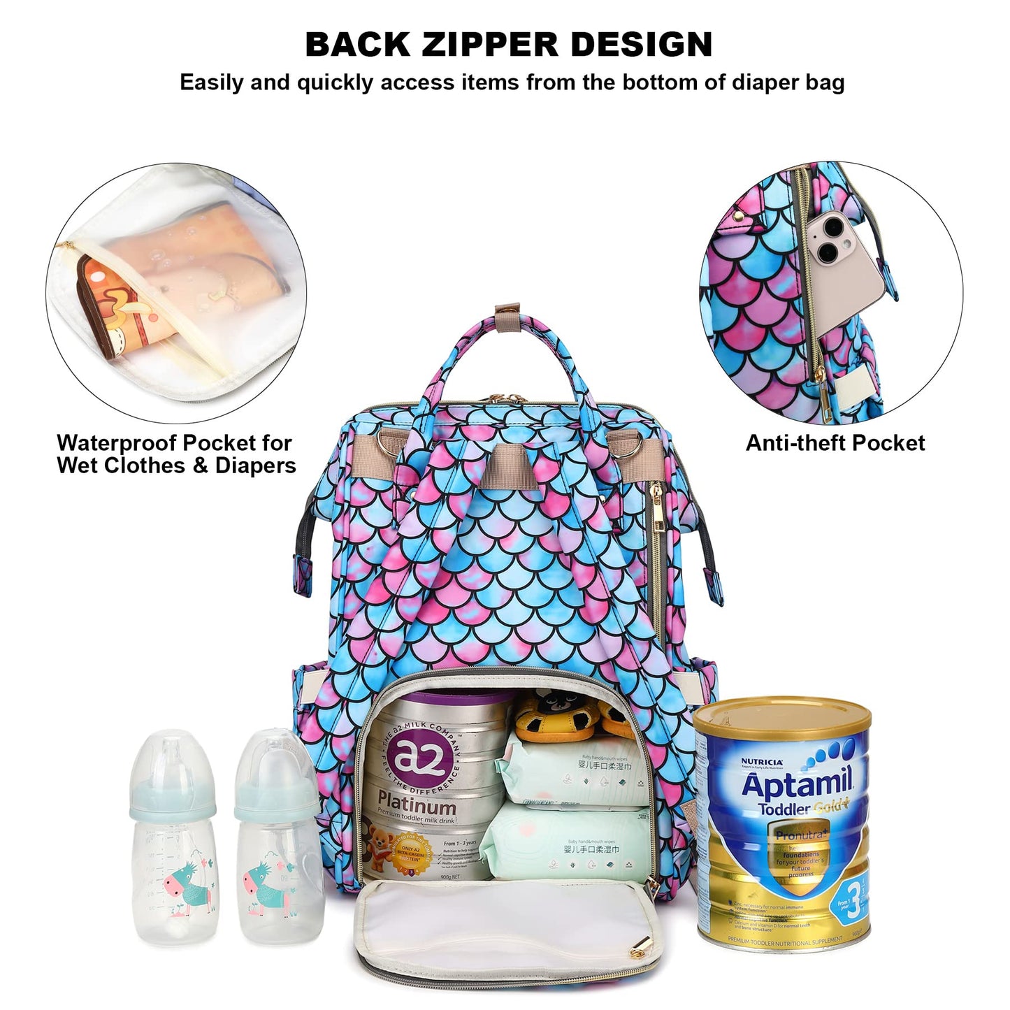 Mermaid Diaper Bag Backpack For Baby Girls Boys, Large Capacity Multifunction Waterproof Maternity Mom Nappy Bags With Stroller