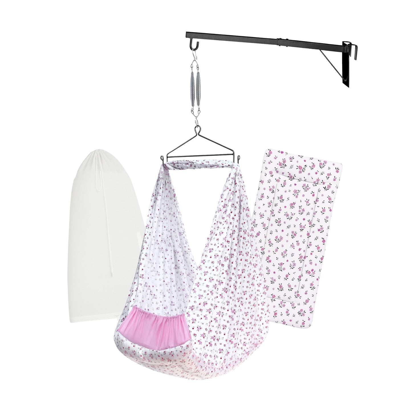 Beetot Baby Set | Pure Cotton Cloth, Removal Pad, Mosquito Net, Spring, Triangle And Window Hanger | Fs- (Pink, Floral Design)