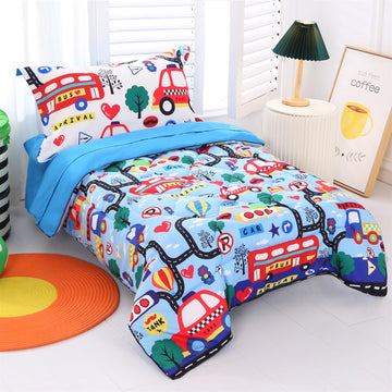 Wowelife Car Toddler Bedding Sets For Boys Blue, Premium 4 Piece Car Toddler Bed Sets For Boys, Super Soft And Comfortable For T
