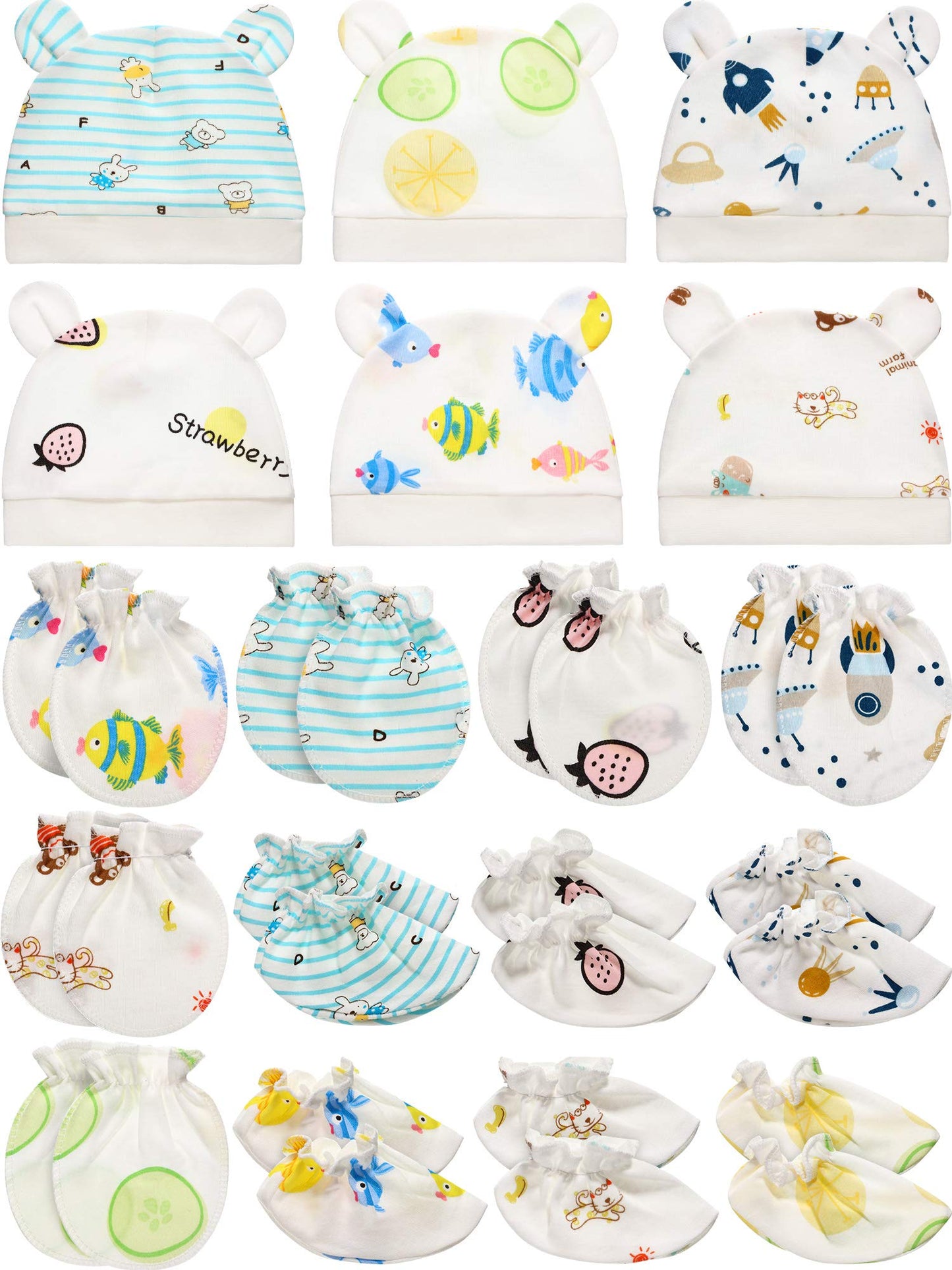 Geyoga 18 Pcs Baby Hats Mittens and Socks Set Newborn Mittens No Scratch Baby Hats and Newborn Socks for 0-6 Months(Gender Neutr