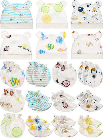 Geyoga 18 Pcs Baby Hats Mittens and Socks Set Newborn Mittens No Scratch Baby Hats and Newborn Socks for 0-6 Months(Gender Neutr