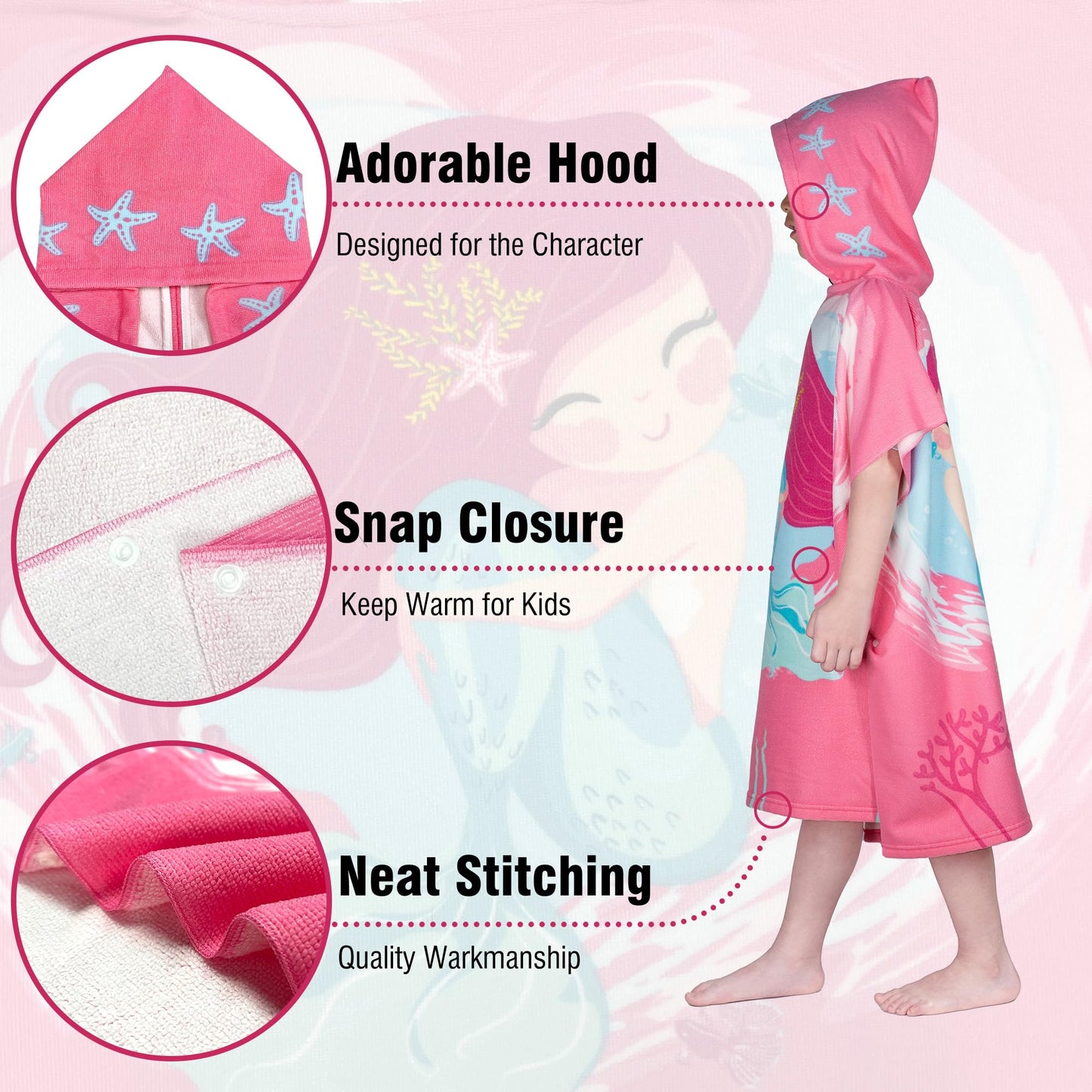 Growell Hooded Kids Beach Towels - Toddler Bath Towel Girls Boys Swim Cover-Ups For Ages 4 To 10 Kids Pool Towels Quick Dry Ligh