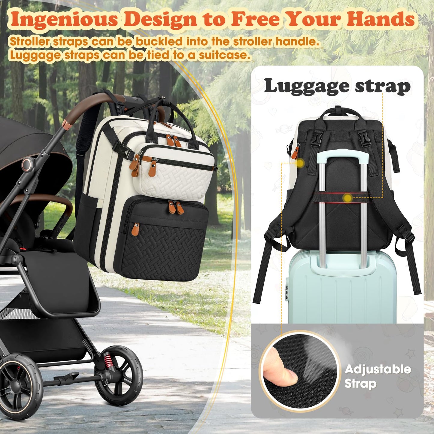 Rainsmore Diaper Bag Backpack, Large Waterproof Baby Bag With Changing Pad, Detachable Crossbody Bag & Stroller Straps Travel Di