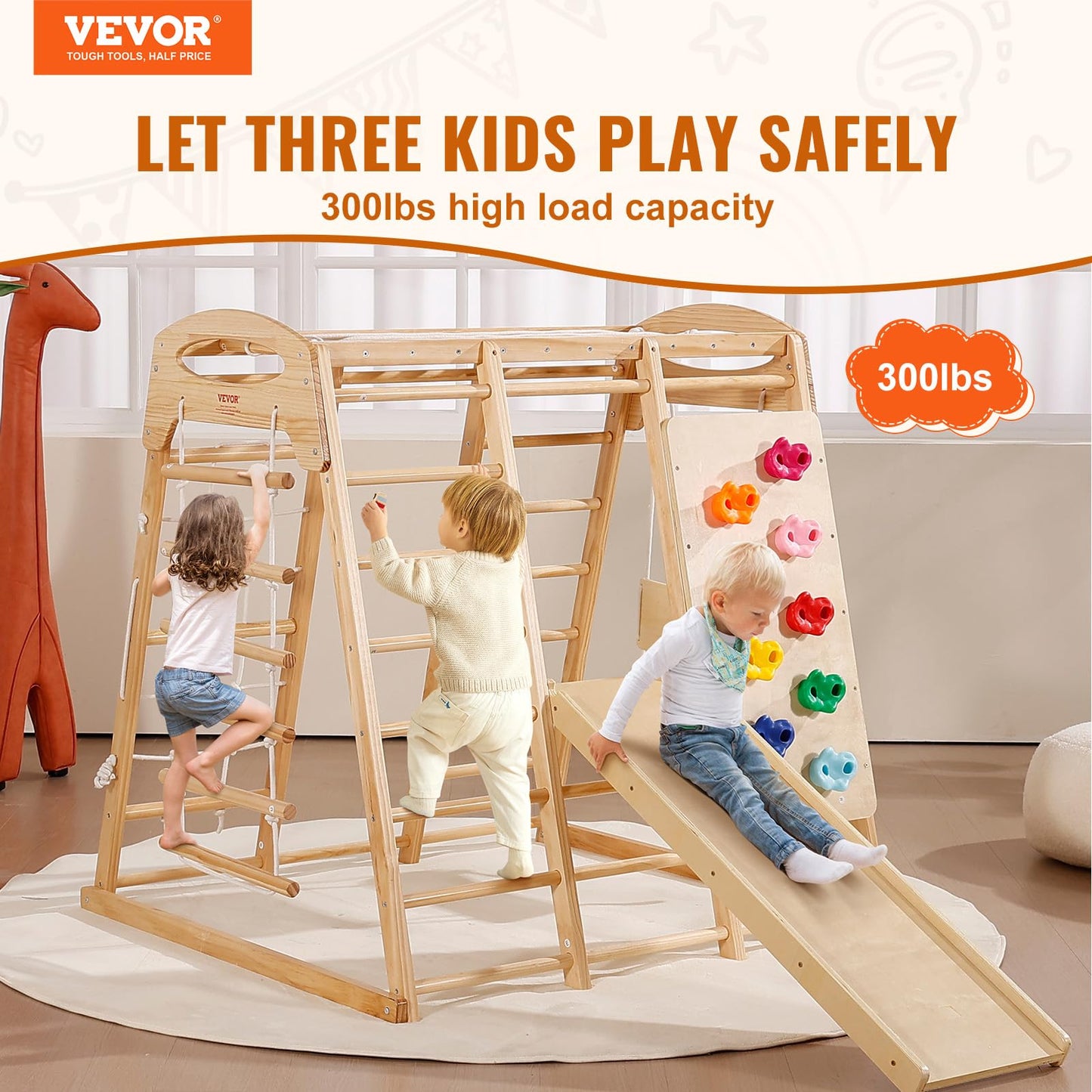 Vevor Medium Size Indoor Playground Jungle Gym, 7-In-1 Toddlers Climber With Wood & Rope Ladder, Net Ladder, Swing, Monkey Bar,