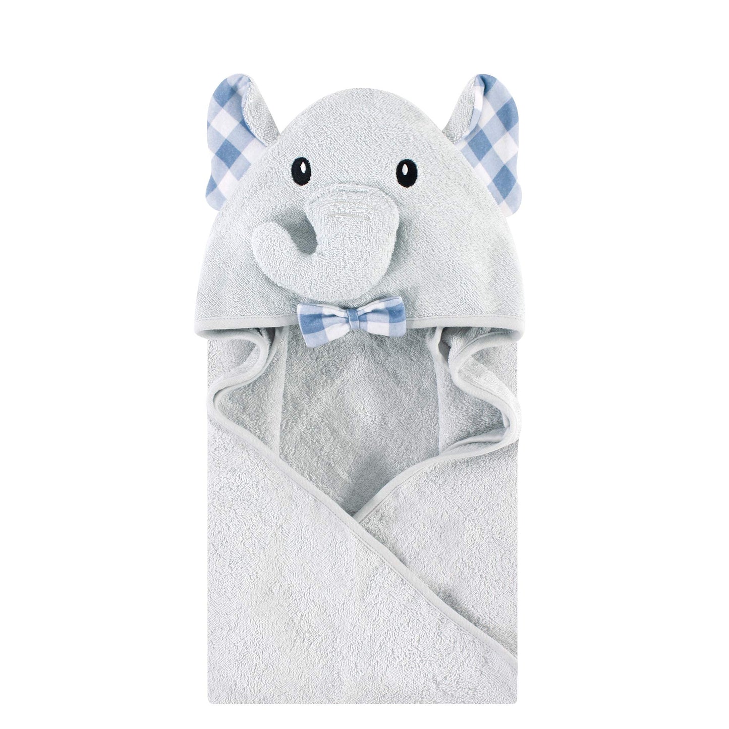 Hudson Baby Unisex Baby Cotton Animal Face Hooded Towel, Gingham Elephant, One Size
