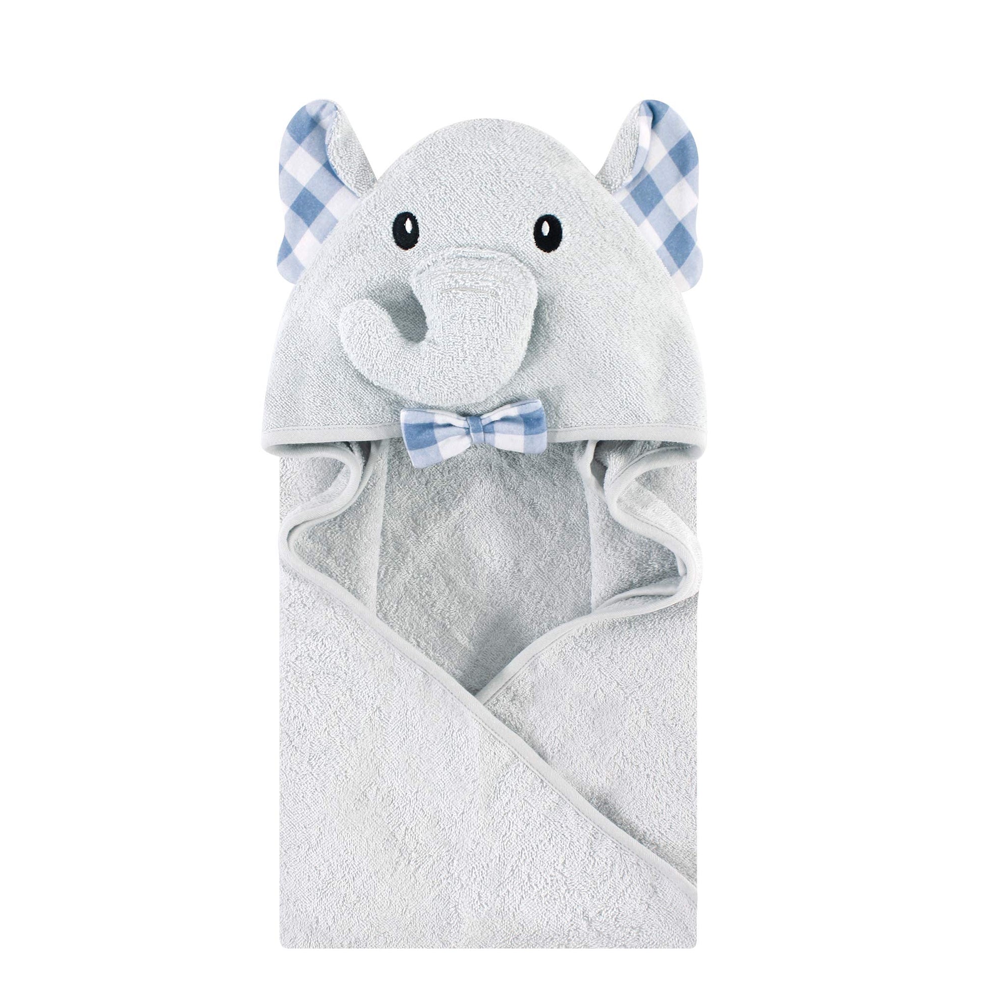 Hudson Baby Unisex Baby Cotton Animal Face Hooded Towel, Gingham Elephant, One Size