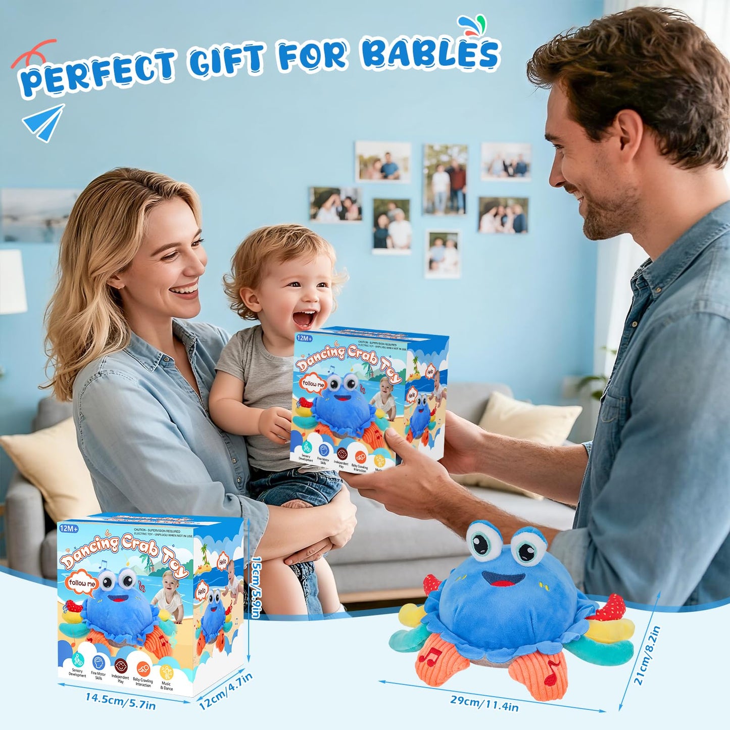 YUANNA Baby Toys 1 Year Old 6-12 Month Tummy Time Toys Crawling Musical Crab Plush Toy Dancing Walking Moving Bouncing Sensory T