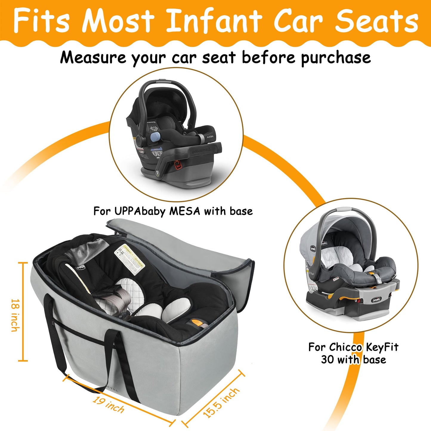 Car Seat Travel Bag Fits Chicco Keyfit 30, Uppababy Mesa, Nuna Pipa Lite, Padded Infant Gate Check Bag For Air Travel, Durable C