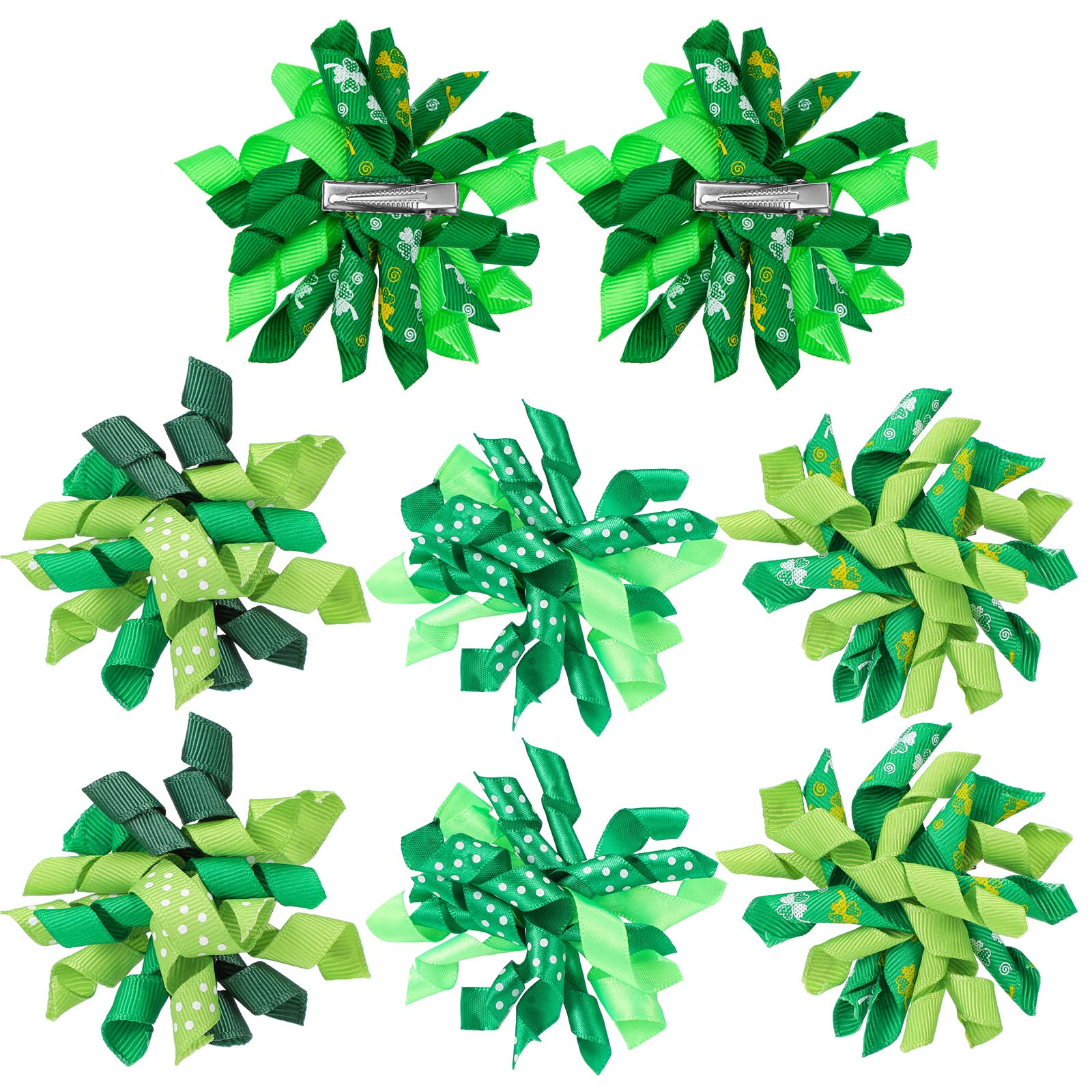 8 Pcs St Patricks Day Hair Bow Clip Festive Shamrock Barrette for Girls Toddlers Ribbon Curly Bows Alligator Clips for Baby Girl