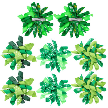 8 Pcs St Patricks Day Hair Bow Clip Festive Shamrock Barrette for Girls Toddlers Ribbon Curly Bows Alligator Clips for Baby Girl